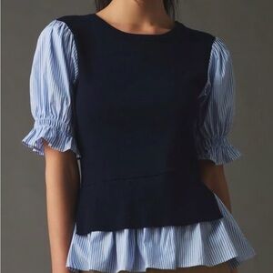 Anthropologie Navy and Light Blue Ruffle Blouse